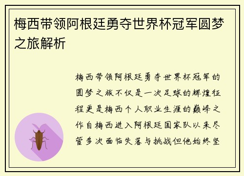 梅西带领阿根廷勇夺世界杯冠军圆梦之旅解析