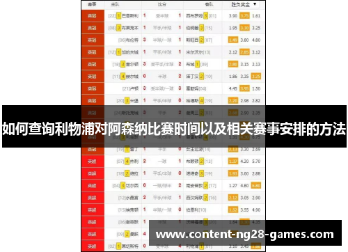 如何查询利物浦对阿森纳比赛时间以及相关赛事安排的方法